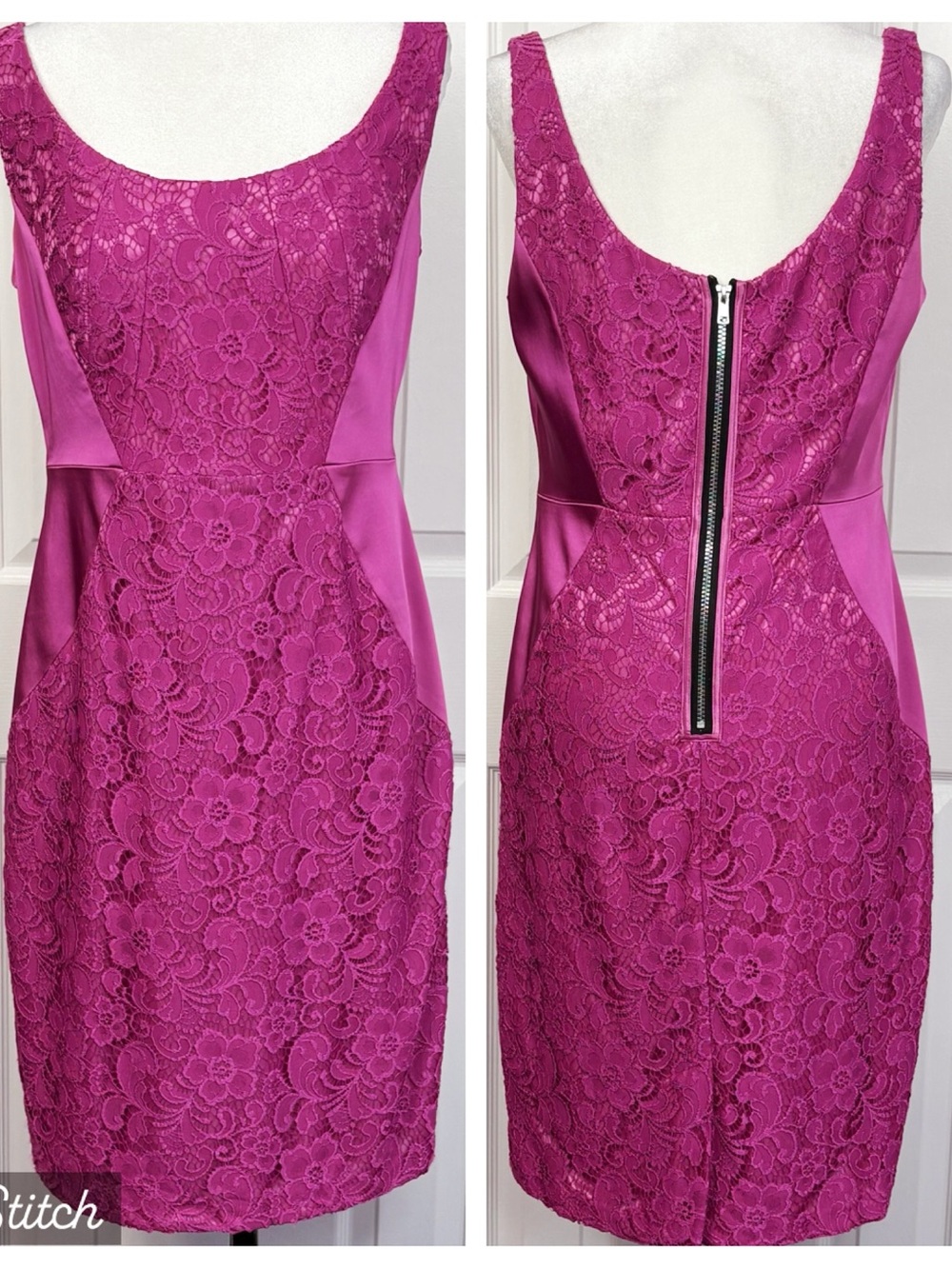 Jax Fuchsia Pink Lace & Satin Sleeveless Scoop Neck Fitted Sheath Dress 14
